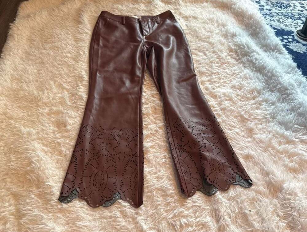 NWT By‎ Anthropologie Laser-Cut Faux Leather Slim Flare Trousers in Taupe